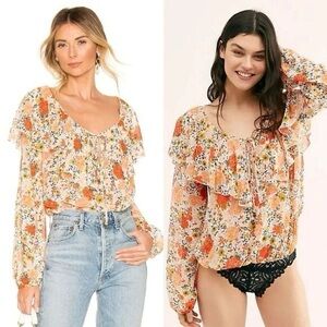Free People Say It to Me Bodysuit, Size Small Colorful Floral Chiffon